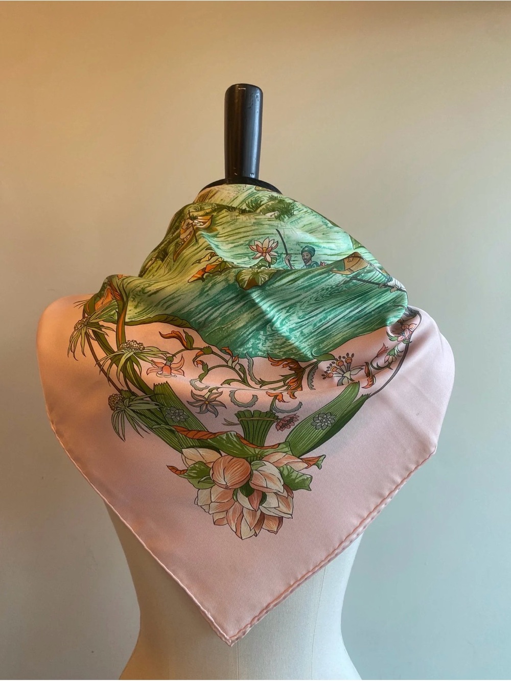 Hermes Pink and Green Silk Scarf with Lotus and River Scene - Picture 9 of 12
